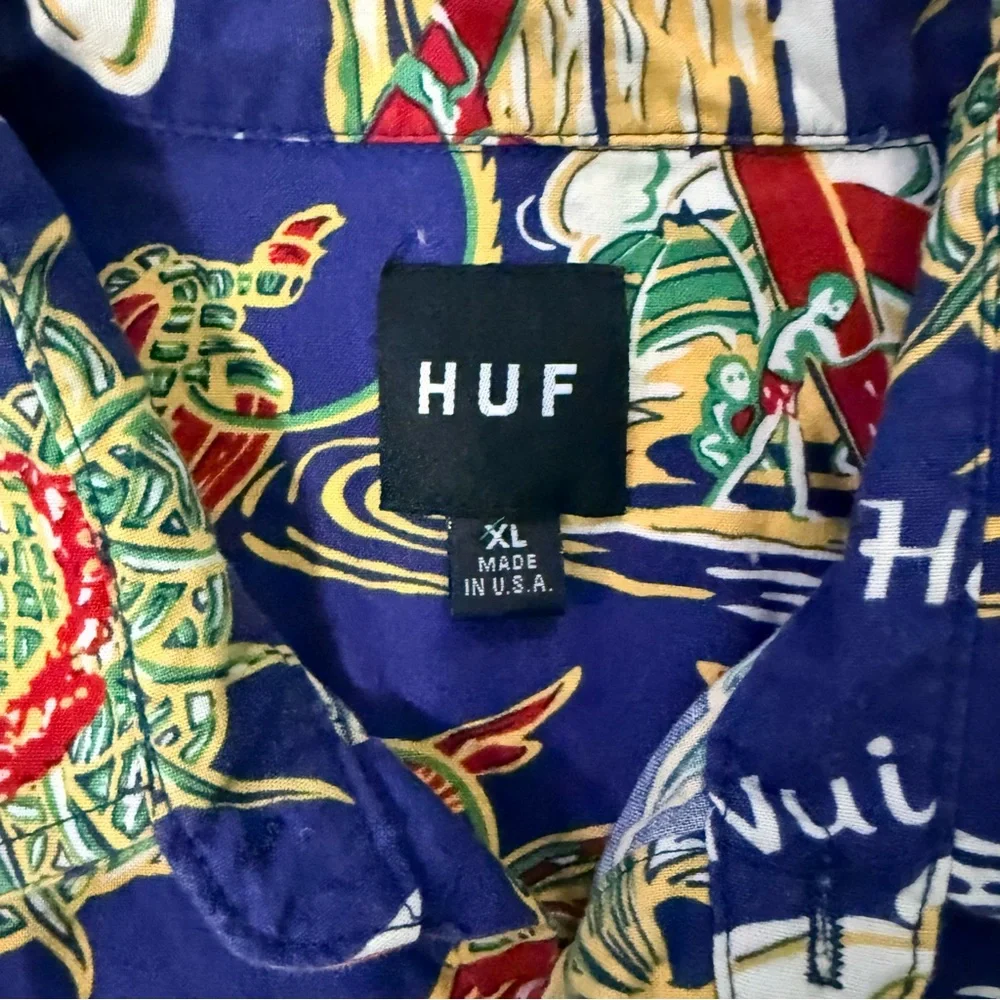 HUF Hawaiian Button‎ Down Shirt XL 100% Cotton Tropical Aloha Print Blue Surf
